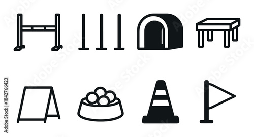 Silhouette icons of canine agility equipment on dark background
