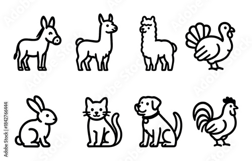 Outlined farm animals set with donkey, llama, turkey, rabbit, cat, dog, rooster