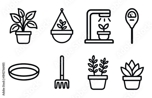 Gardening tools and icon set featuring plants and equipment
