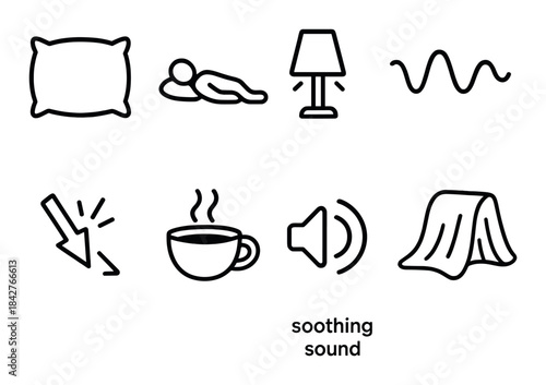 Icons of relaxation: pillow, sleeping figure, lamp, sound waves, lightning, coffee cup, sound, blanket