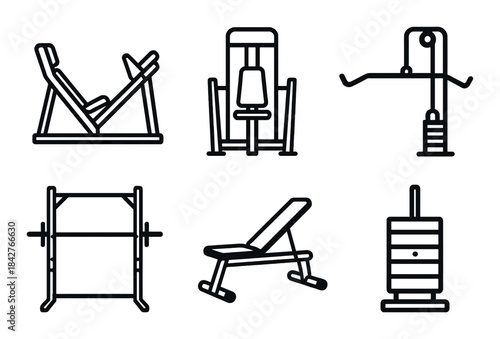 Fitness equipment icons: leg press, bench, weight machine, exercise, workout