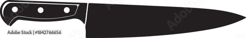 Black silhouette of a chef's knife with white handle details and three visible rivets against a white background