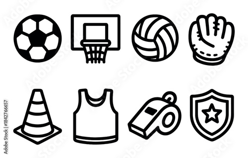 Icons of sports equipment featuring ball, basketball hoop, volleyball, and more