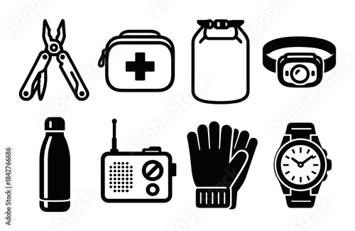 Essential outdoor gear icons: watch, gloves, radio, water bottle, first aid, multi-tool, headlamp, dry bag