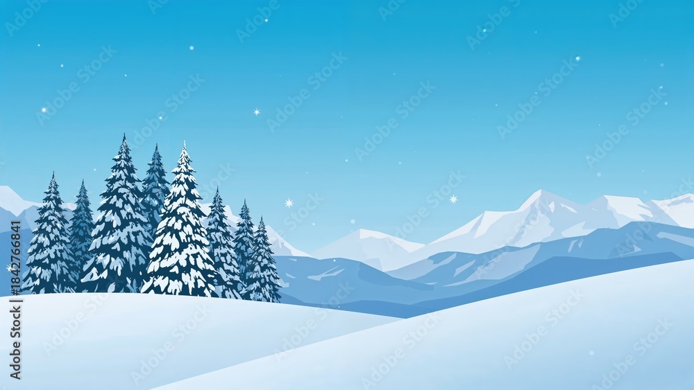 Obraz premium Snowy landscape with evergreen trees and mountains, winter scene, snowfall, serene environment.