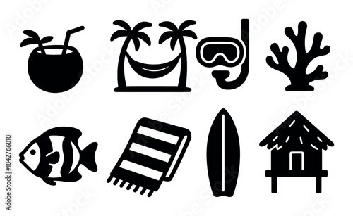 Silhouetted tropical beach vacation icons: coconut, snorkel, surfboard, coral, fish, towel, hut, palm trees