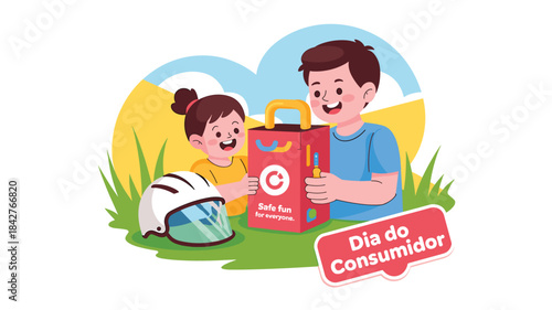 Illustration of a man and a little girl standing on green grass with a red first aid kit and a bicycle helmet on