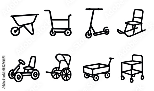 Silhouette collection of various wheeled vehicles on dark background
