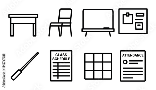 Classroom essentials icons: desk, chair, whiteboard, bulletin board, schedule, calendar, attendance