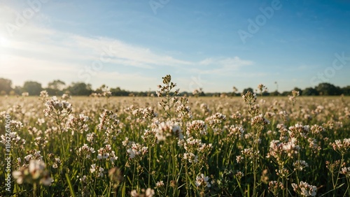 Fototapeta Naklejka Na Ścianę i Meble -  A field of blooming flowers under a blue sky with clouds and distant trees.
