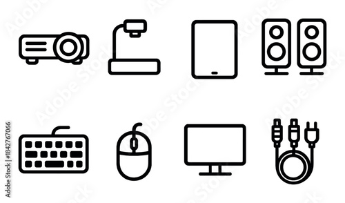 Set of electronics icons: projector, screen, tablet, speakers, keyboard, mouse, monitor, cables