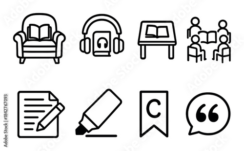 Reading activities icons: armchair, headphones, book, group, writing, marker, bookmark, quote