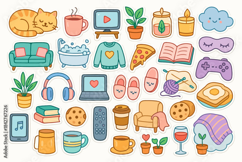 Cozy home vibes stickers featuring cats, plants, food, and relaxation items.