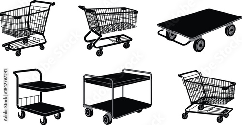 Cart and Trolley Silhouettes – Six Retail, Utility, and Flatbed Designs for Shopping, Industrial, and Service UseCart and Trolley Silhouettes