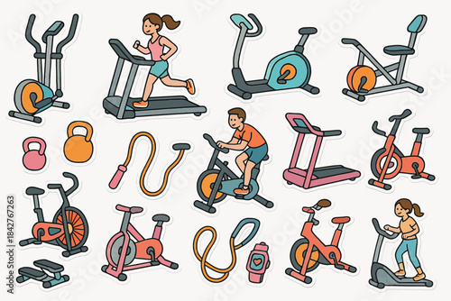 Cartoon people exercising with various gym equipment and fitness gear.
