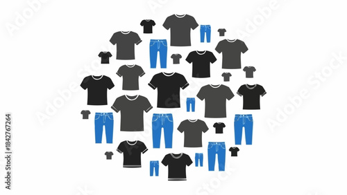 Collection of T-shirts and Jeans arranged in a circle.