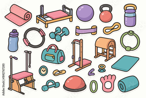 Colorful assortment of fitness and yoga equipment icons in cartoon style.