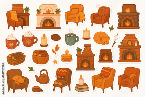 Cozy fireplace and autumn-themed stickers with armchairs and warm drinks