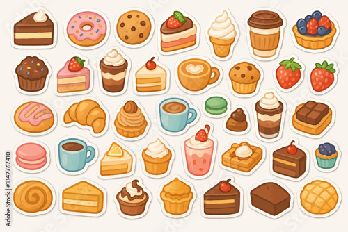 Assorted sweet treats and desserts collection with coffee and berries