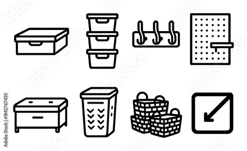 Set of storage icons including boxes, hooks, and bins on dark background