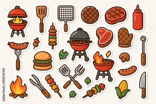 Assorted bbq icons: grills, meats, utensils, and vegetables