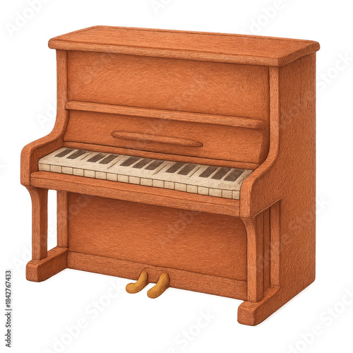 Pencil-style illustration of an upright piano with wooden texture on a transparent background, ideal for children’s music education, creative projects, and learning materials.