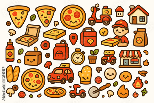 Cartoon food delivery elements: pizza, scooter, packages, male character.
