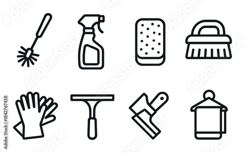 Collection of essential cleaning tools icons on dark background