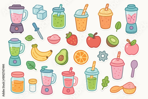 Colorful smoothie and blender sticker collection with fruits and ingredients