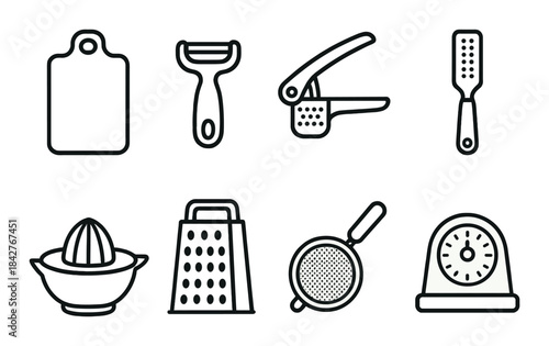 Monochrome kitchen utensils icon set: grater, peeler, garlic press, cutting board