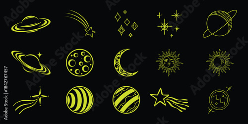 Celestial Icons: Planets, Stars, Moons, and Suns in Neon Yellow on Black