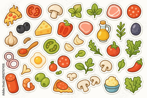 Colorful assortment of ingredients for pizza and salad.