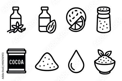 Assorted culinary ingredient icons: vanilla, almond, citrus, pepper, cocoa, sugar, oil, grains