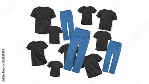 Collection of Black T Shirts and Blue Jeans Laid Out.
