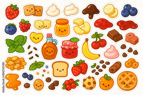 Cute cartoon kitchen stickers featuring happy foods and ingredients.