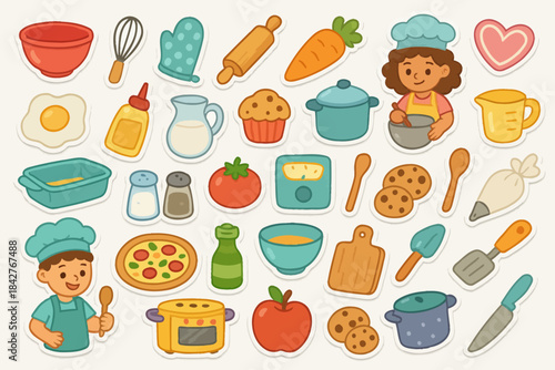Cute culinary tools and cartoon chefs in a colorful kitchen scene.
