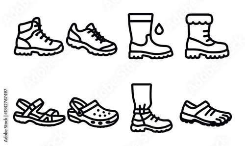 Various footwear styles: boots, sneakers, sandals, clogs, and slippers icons