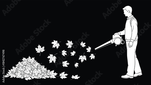 Man using a leaf blower outdoors clearing fallen leaves into a pile active yard work autumn season cleanup landscaping maintenance equipment operation scene