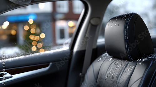 Wallpaper Mural The interior of a car showcases the elegant design of leather seats, sprinkled lightly with snow and raindrops, creating a cozy atmosphere on a cold day. Torontodigital.ca