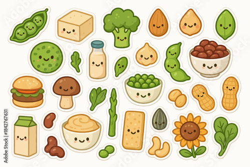 Cute kawaii vegan food stickers featuring smiling vegetables and nuts