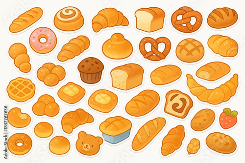 Assorted bread and pastry icons: croissants, pretzels, and muffins collection.