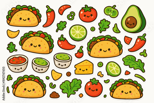 Cute kawaii tacos and ingredients: avocado, lime, tomato, cheese, peppers.
