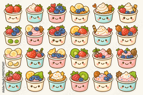 Cute kawaii yogurt cups with fruits and whipped cream designs