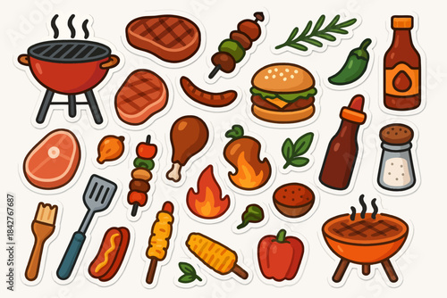 Cartoon barbecue icons: grill, food, sauces, and spices.
