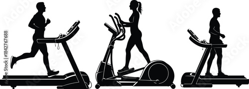 People exercising on treadmill and elliptical machines demonstrating gym cardio workout routine fitness training healthy lifestyle activity silhouettes in motion