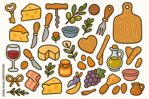 Cheese and wine doodles with cutting board, utensils, and food elements