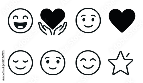 Collection of eight simple emoji icons with smiles hearts and star