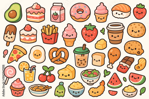 Cute kawaii food illustration with smiling snacks and desserts.