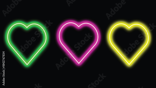 Three vibrant neon heart outlines glow brightly against a deep creating a striking modern visual element for romance and celebration designs
