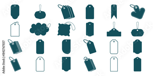 Collection of various blank price tags and labels in teal and white